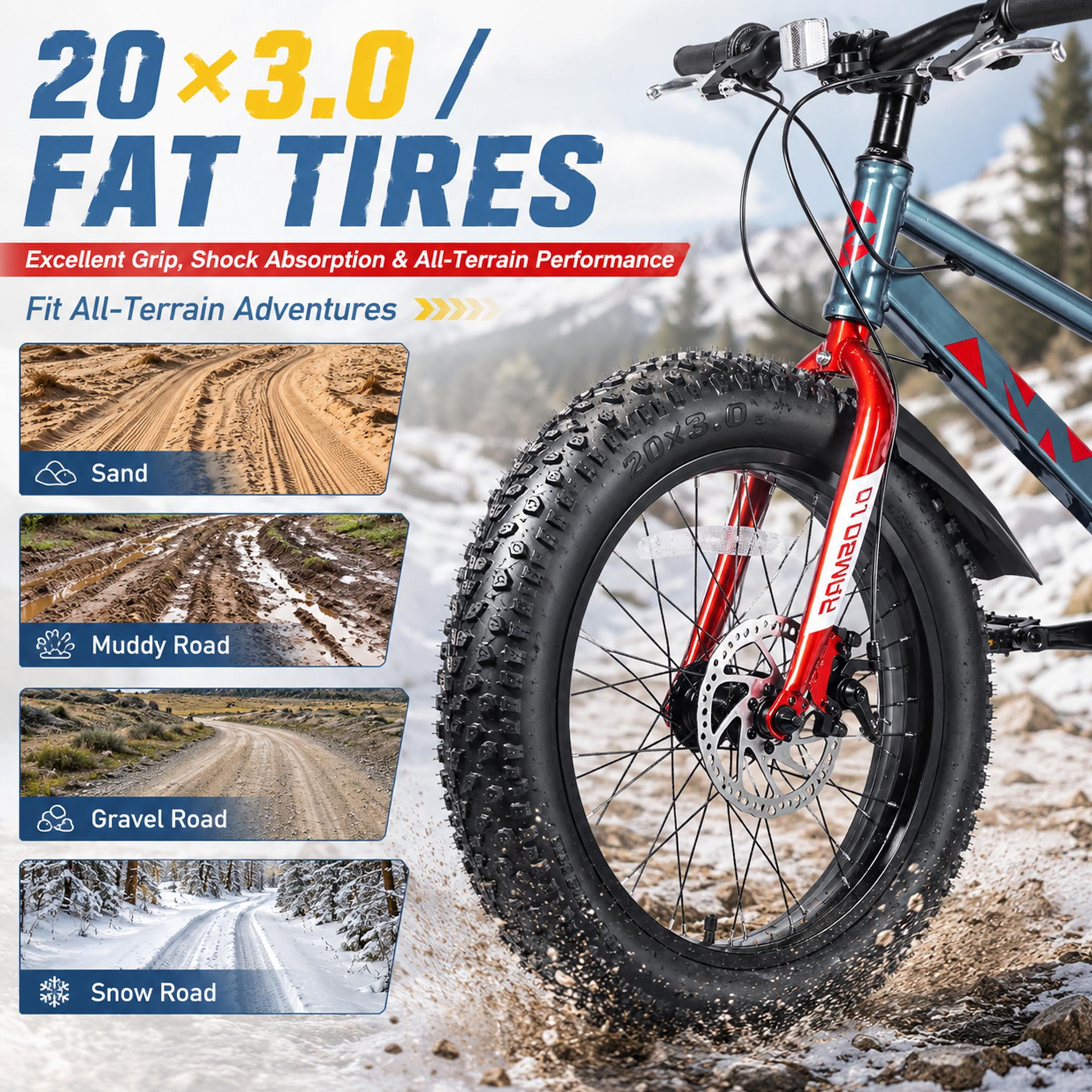 20 Inch Fat Tire Mountain Bike for Boys and Girls Ages 5-12, 7-Speed Kids Bicycle with High-Strength Steel Frame, Dual Disc Brakes and Suspension Fork for All-Terrain Riding, Grey