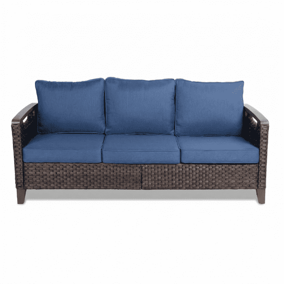 3 Seat Outdoor Wicker Patio Sofa with Cushions, All-Weather Rattan Couch for Backyard, Deck, Porch or Garden Seating, Blue