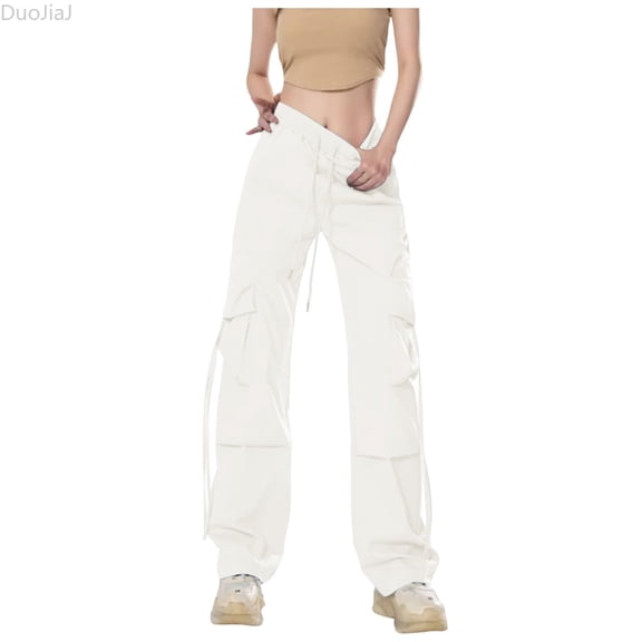 DuoJiaJ Women Fashion Vintage Overalls High Waisted Straight Leg Wide Leg Trousers Loose Casual Floor Length Trousers Women's Cargo Pants Beige L