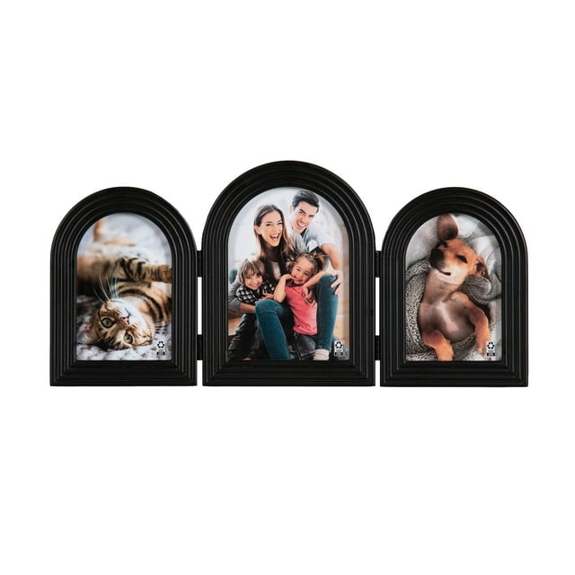 Archee black tabletop or wall picture frame collage with three connected arched frames showing photos of a cat, family members, and a dog.