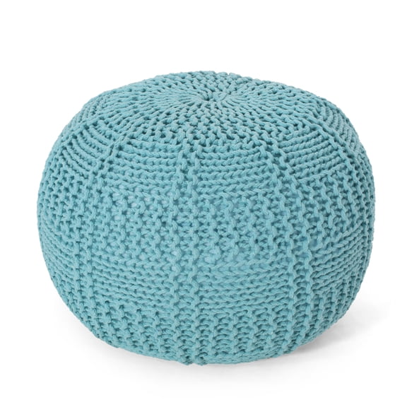 Noble House Axson Cotton Knitted Round Pouf, Blue, 20" x 14"