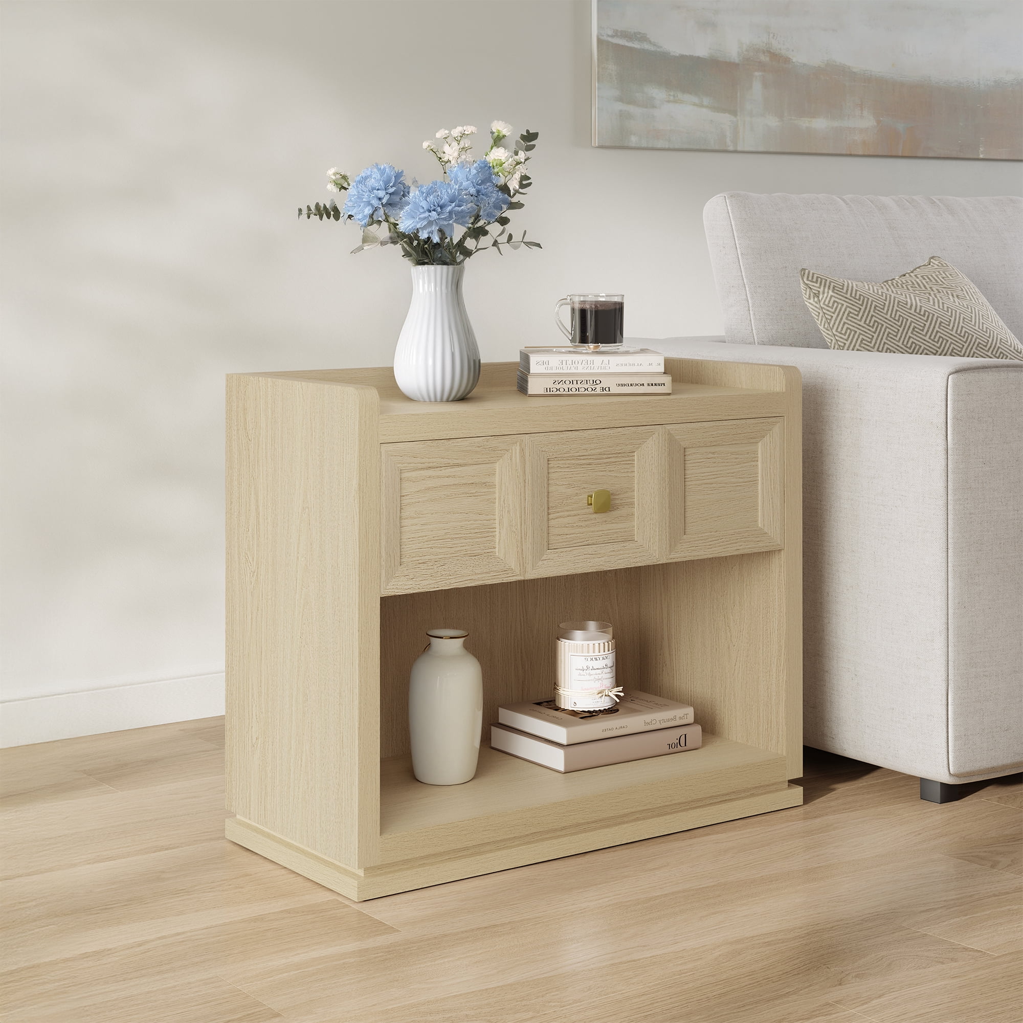 SICOTAS 26" W Farmhouse Nightstands Set of 2, Big nightstands with Drawer & Open Shelves, Large Bedside Table, End table for Bedroom, Living Room, Oak