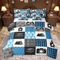 Homewish Travel Trailer 7-Piece Bedding Comforter Set,Happy Camping King Bedding Sets,Patchwork Geometric Plaid Bed Sheets For Boys Kids,Luxury Bedroom Decor Reversible
