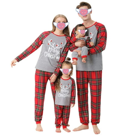 

Cathery Family Matching Pajamas Christmas Elk Print Top and Plaid Pants Jammies Sleepwear for Adults and Kids Holiday Pjs Set