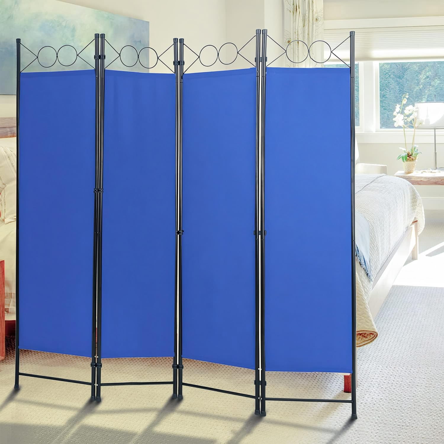 BIQWBIC 4-Panel Room Dividers and Folding Privacy Screens, 6.8 Ft Fabric Partition Screen, Blue