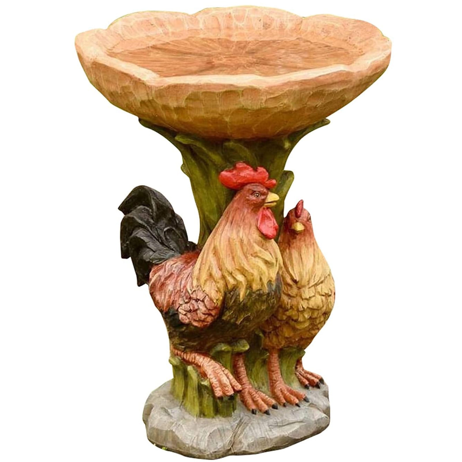 Teissuly Beautiful Rooster Sculpture Bird Bath for Outdoor with Brown Pedestal Handmade Wild Bird Feeder Birdbath Bowls for Garden Bird Feeder Outdoor Garden Lawn Yard Decorations