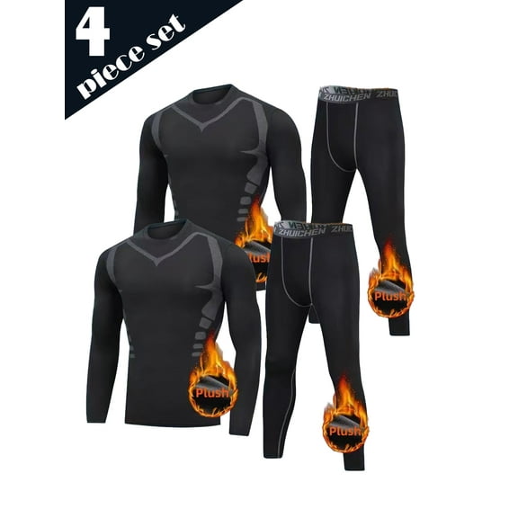 Men'S Autumn And Winter Warm-keeping Print Velvet Sports Suit 4pcs Set, Tight Running Fitness Clothing, Morning And Night Run Training Special Warm Underwear, Gymnastics Equipment, Casual, Home, Warm