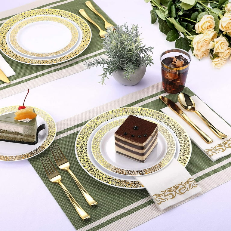 175 PCS Gold Plastic Disposable Dinnerware Set 25 Guests – By Madee