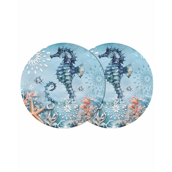 Blue Coastal Seahorse Round 15 Inch Placemats Set of 2, Summer Beach Starfish Botanical HeatResistant Non Slip Place Mats for Dining Table, Wipeable Braided Kitchen Table Mats for Housewarming