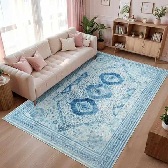 Wondo 5x8 Area Rugs for Living Room, Washable Area Rug, Rugs for Bedroom, Kitchen Rugs, Vintage Boho Carpet, Soft Non-Slip, Low Pile Large Area Rug for Office Dining Room, Blue