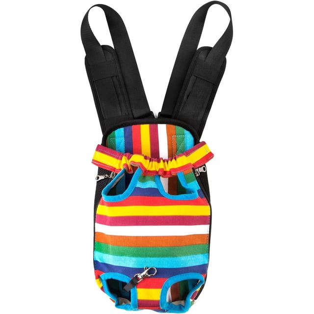 Transporteur de Chien à Jambes en avant Mains Libres Réglable Sac à Dos pour Chiot Chat pour Marche Randonnée Vélo et Moto (Grande Taille, Bandes Colorées)