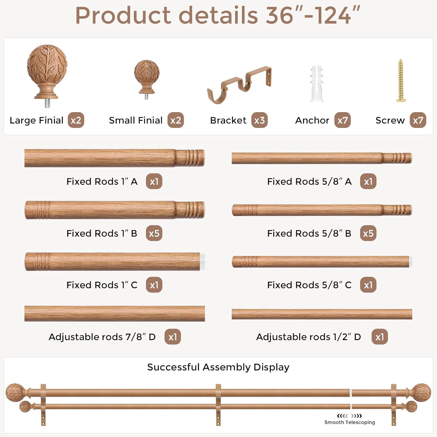 Wood Double Curtain Rod 36-124 Inch, Boho Decorative Long Dual Curtain Rods for Windows, 1 Inch Adjustable Heavy Duty Double Rod, Unique Handmade Imitation Wood Grain Leaf Finial Design
