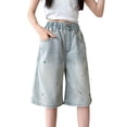 thumbnail image 2 of Amidoa&nbsp; Girls Jeans Shorts Elastic Waist Casual Wide Leg Baggy Sports Summer Kids Denim Shorts Light Blue Size 5T, 2 of 9