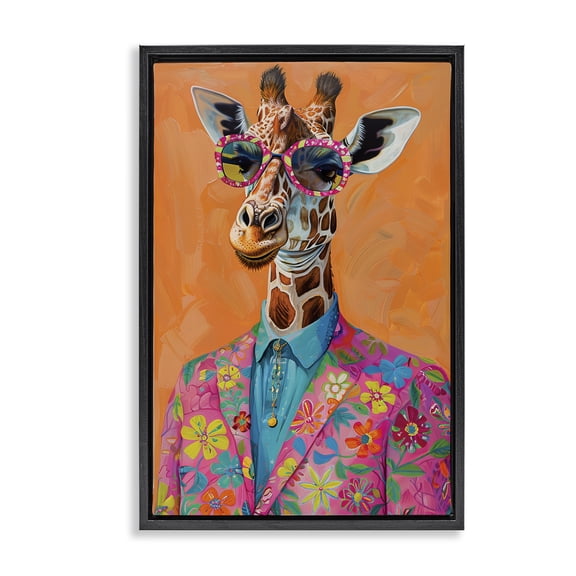 Stupell Industries Bright & Trendy Giraffe in Suit Animals Painting Black Floater Framed Canvas Art Print Wall Art, 17 x 25