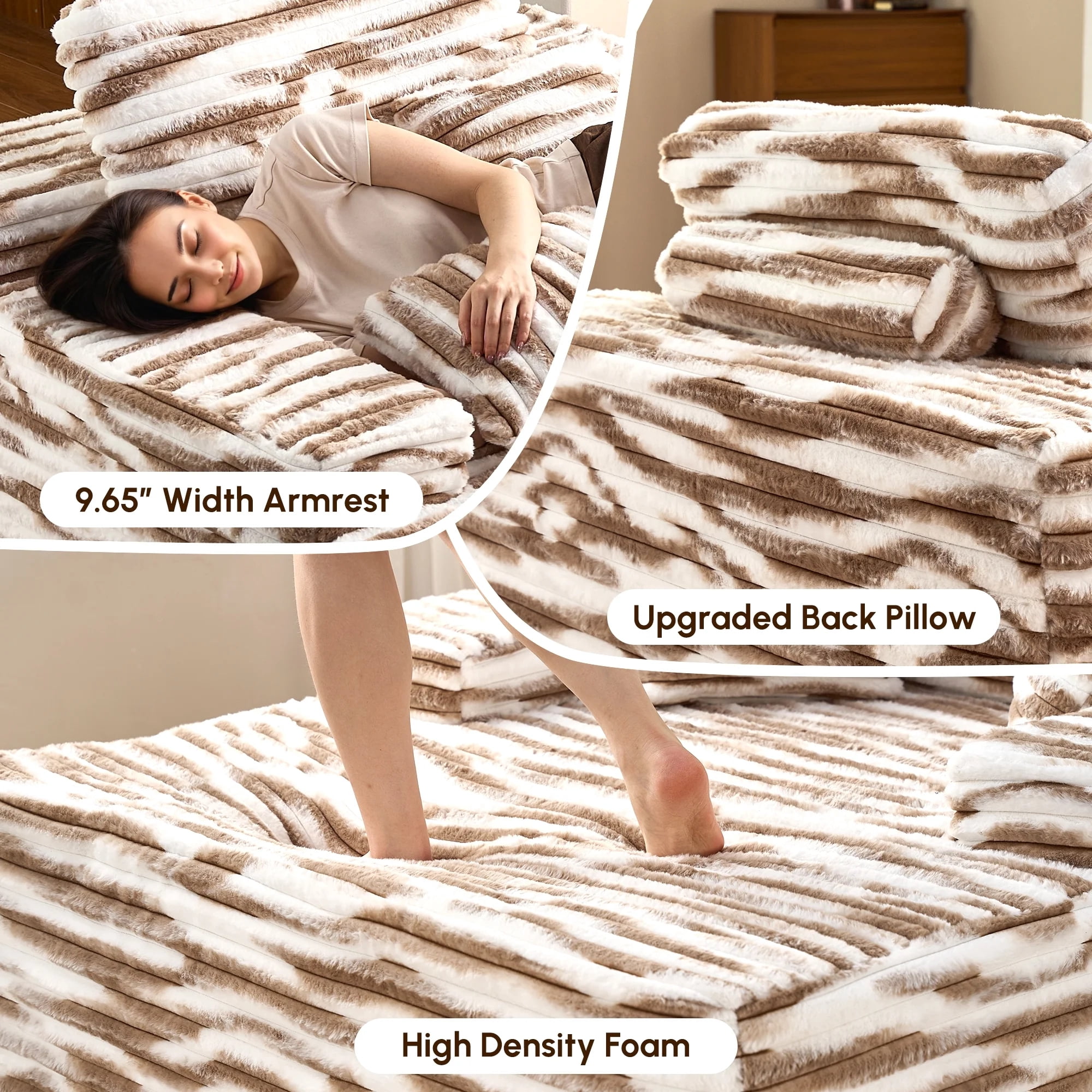 Vcatnet 67"x48" Chaise Lounge Chair Indoor Oversized Lounge Couch Upholstered Corduroy Sofa Bed for Living Room and Bedroom, Brown and White Stripes
