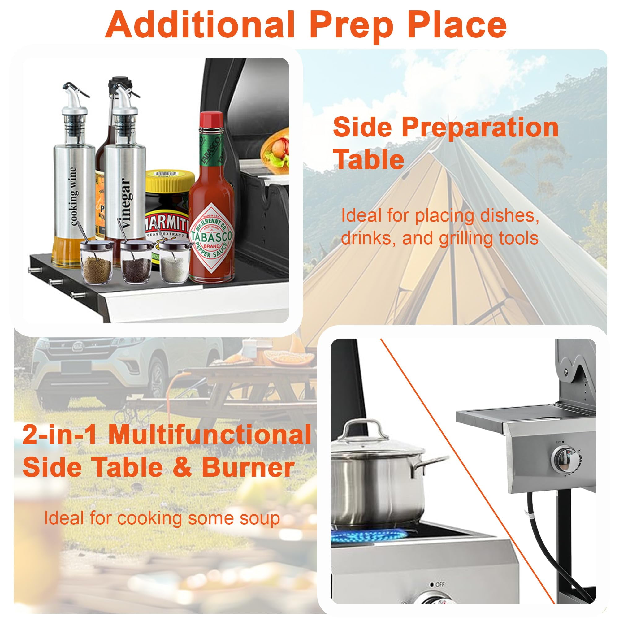 Seizeen 40,500 BTU Propane Gas Grill with Side Burner, Stainless Steel  3 Burner  Barbecue Grill Portable on Wheels, with Bottle Opener, for Camping Patio Outdoor Cooking
