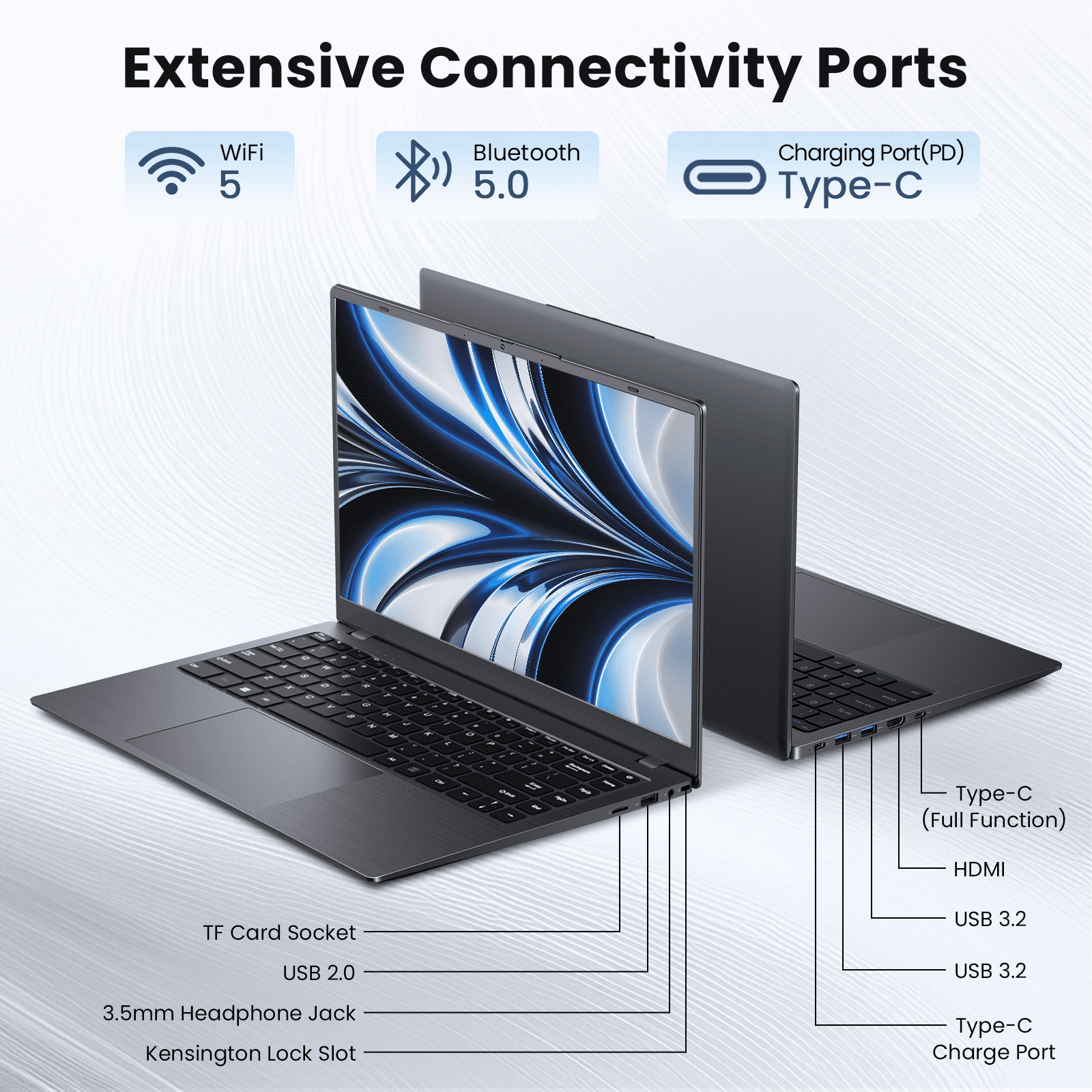 RNRUO 14" Laptop with Windows 11, 8GB RAM 128GB SSD, FHD Screen USB-C PD Fast Charging, Office 2024 Included, Portable Laptop for Students and Home Use, Gray
