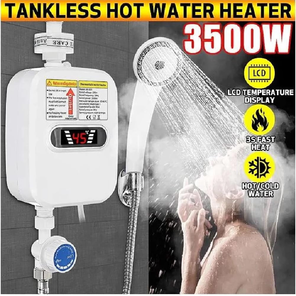 DICEEVIL Electric Tankless Water Heater with Shower Head Set, 3500W Electric Instant Hot Water Heater for Shower, LCD Display Rapid Heating Mini Water Heater for Home Bathroom, White