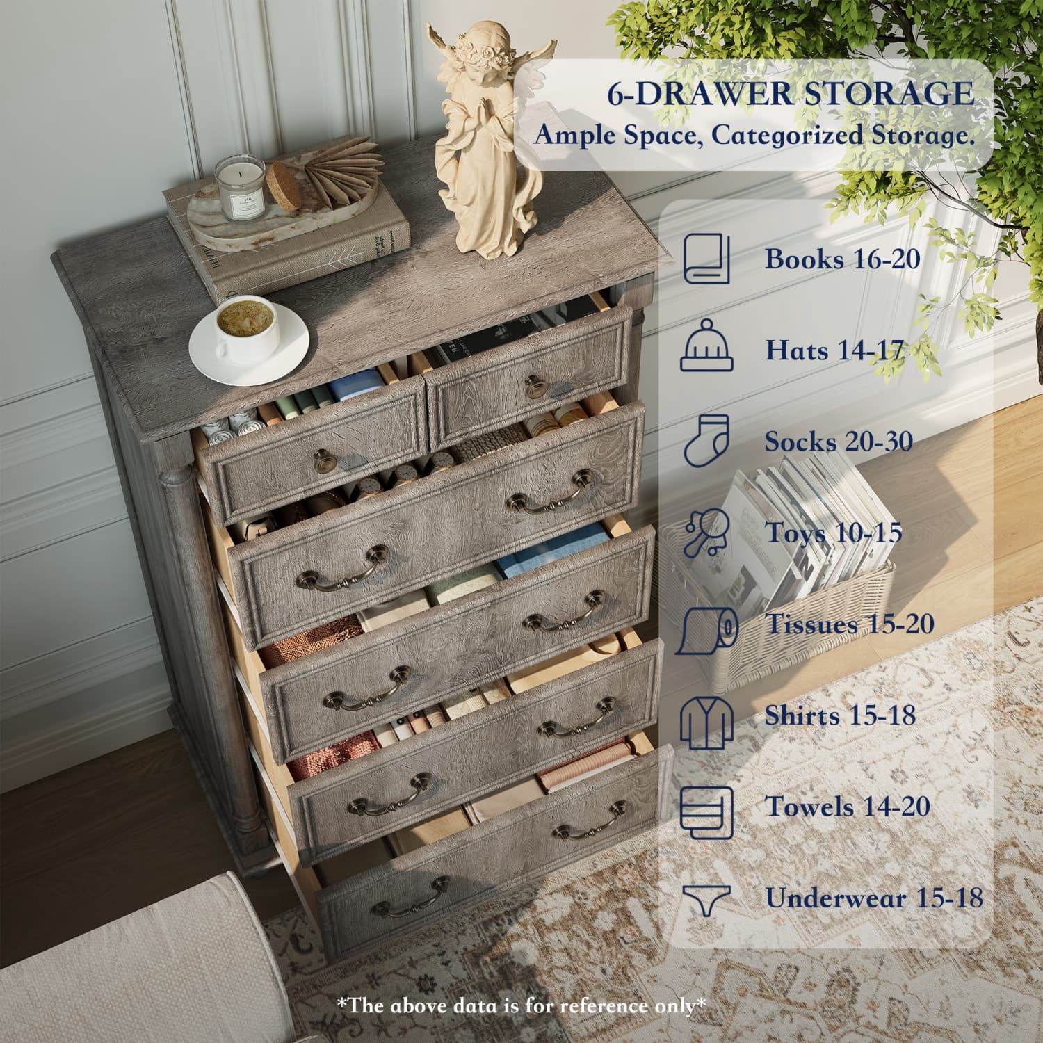 OKD Farmhouse 6 Drawers Dresser Chests for Bedroom, Wood Chest of Drawers Storage Cabinet Dresser Organizer for  Living Room ,Light Rustic Oak