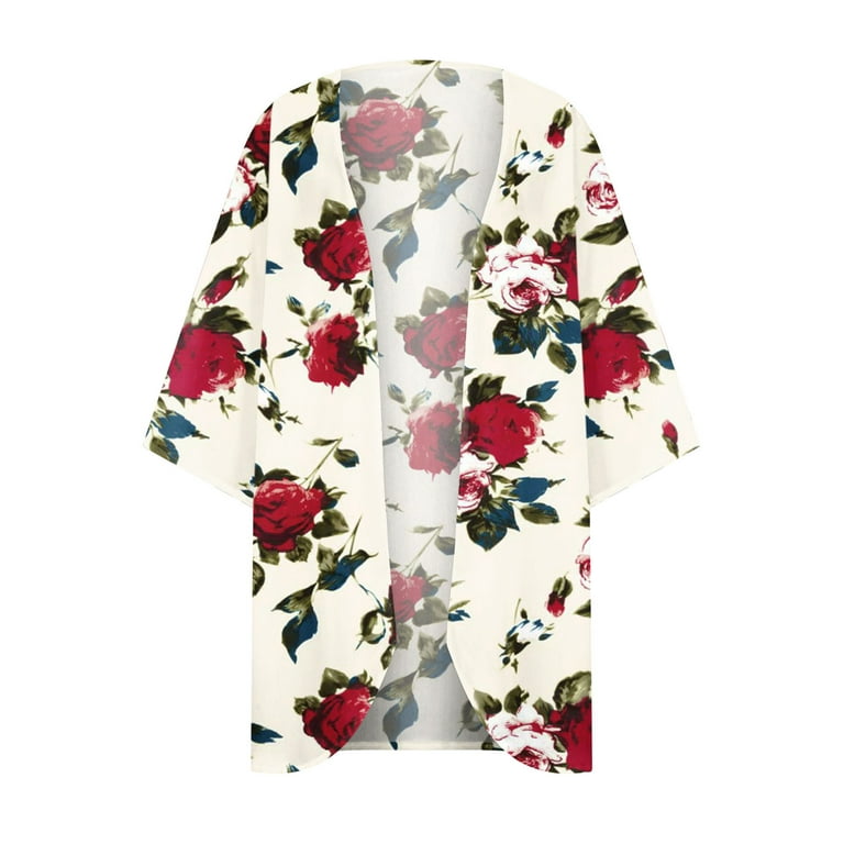 Chiffon Kimono Cardigan for Women Half Bell Sleeve Loose Beach Lightweight  Floral Print Cover Up Blouse Tops (XX-Large, Red 02) 
