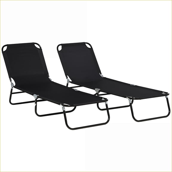 Outdoor Lounge Chairs | 2 Piece Folding Chaise for Pool Beach Patio Yard | 5-Level Reclining | Black | Steel