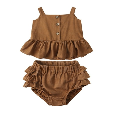 

Esaierr Baby Girls Sleeveless Suspender Top Ruffled Shorts Square Collar Button Elastic Pants Two-Piece Set for 6Months-3Y