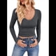 thumbnail image 1 of Camisas de Larga para Mujer, Moda de Otoño, Cuello en V, Básicas, Tops Cortos, Entallados, Y2K, Conjuntos, Ropa Gris S, 1 of 10