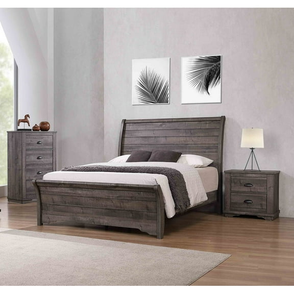 3Pc Rustic Gray Finish Queen Size Bed Chest Nightstand Set Solid Wood Bedroom Furniture