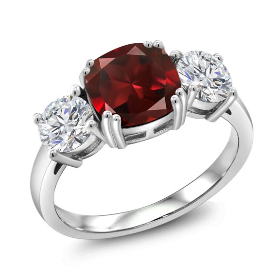Gem Stone King 925 Sterling Silver Red Garnet and Lab Grown Diamond Engagement Ring for Women | 3.60 Cttw | Cushion 8MM | Gemstone January Birthstone | Size 6