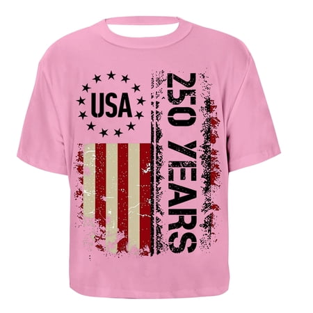 Ruiwill Shirts For Girl 4Th Of July Size 5-6 Years Patriotic Soft Independence Day Tops Usa Flag Print 250Th Anniversary Short Sleeve Crewneck Summer Girl Tees Pink