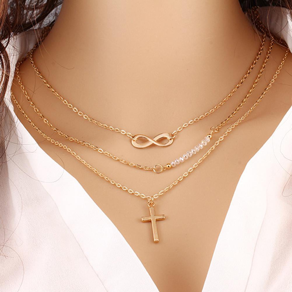 Fashion Multilayer Cross Pendant Chain Clavicle Choker Necklace Silver Jewelry 