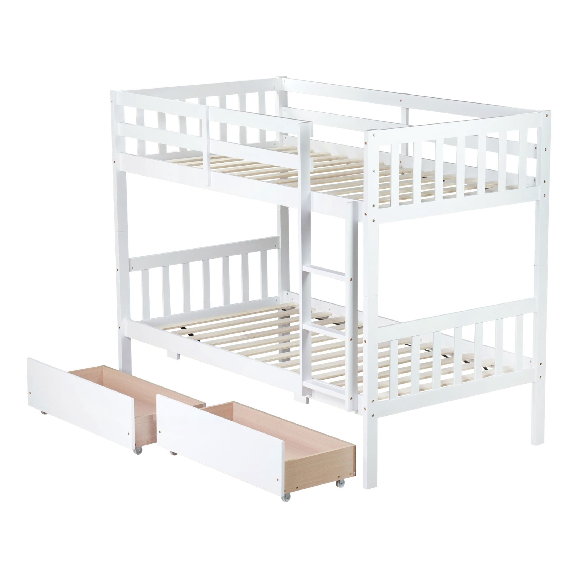 Noble House Twin Over Twin Rubber Wood Bunk Bed, Convertible Design with Ladder, Guardrails and Storage Drawers, White