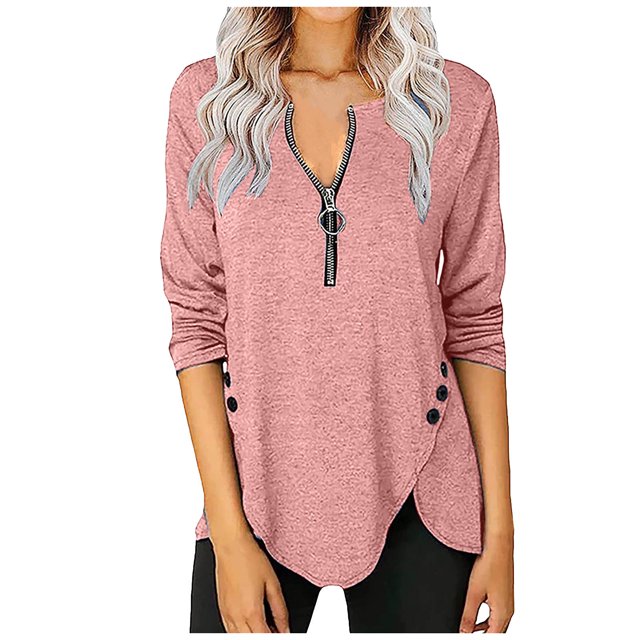 Moda Mujer Casual Cremallera Botones largos Cuello en V Manga Pullove Blusa sólida Fridja hkj3557