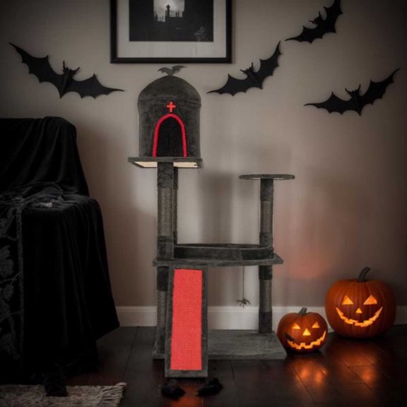 53" Gothic Cat Tree with Coffin Bed, Large Cat Tower with Spacious Cat Condo, Scratching Posts, Spider Hanging Toys, Scratching Board, Multi-Level Cat Activities Furniture for Large Cats, Red & Black