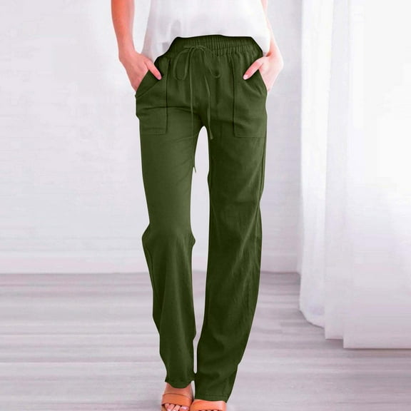 Roncen Women's Solid-Color Casual Pants - Sporty Elastic Waist Trousers with Drawstring & Cotton-Linen Look Pockets