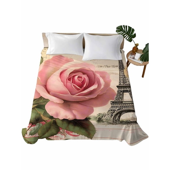 Queen Flat Sheet 90"x102", Pink Spring Floral Soft Lightweight Bedding Flat Sheets Only, Vintage Rose Flower Retro Brushed Microfiber Top Bed Sheet, Breathable StainResistant Bedsheets