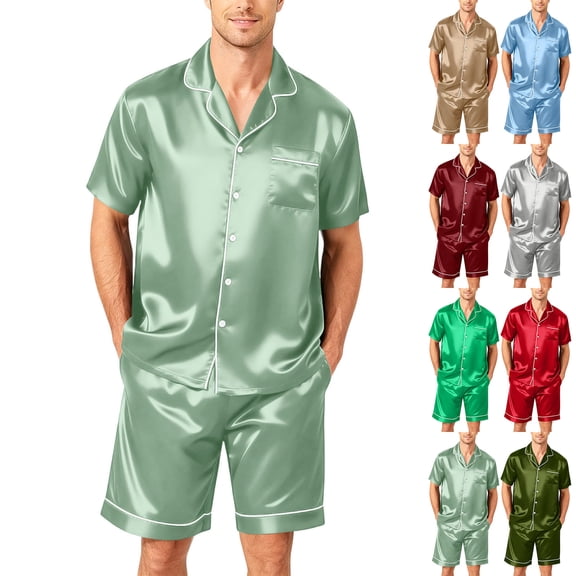 2 Piece Silk Sets for Men Satin Set Button Down Set Loungewear Silver 4XL