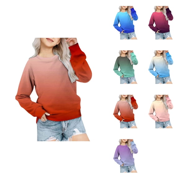 Girls' Casual Round Neck Long Sleeve Gradient Print Sweatshirt, Loose Fit Autumn Winter Fashion Pullover Top