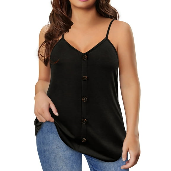 TIYOMI Ladies Plus Size Camisole Buttons Black V Neck Tank Tops Adjustable Strappy Summer Spaghetti Strap Beach Solid Color Cami Casual Loose Fit Vest For Women 5XL 26W 28W