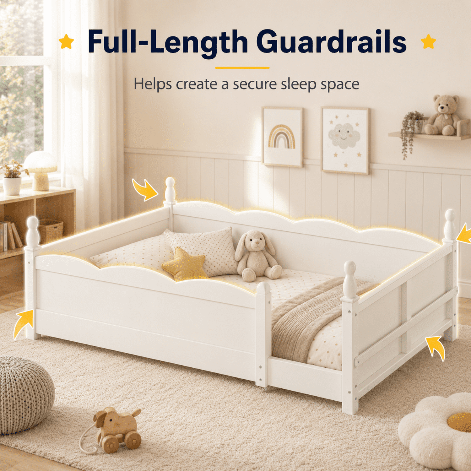 Miniyam Twin Floor Bed with Guardrails and Bookshelf, Kids Low Bed Frame for Bedroom, White