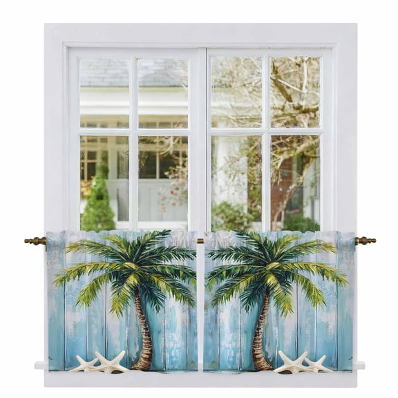Coastal Beach Tree Tier Curtains, Ocean Tropical Palm Starfish Blue Green Light Filtering Kitchen Curtains, 2Pcs Rod Pocket Half Window Treatments Panels for Sink Cafe Cabinet Camper 27.5x24 Inches