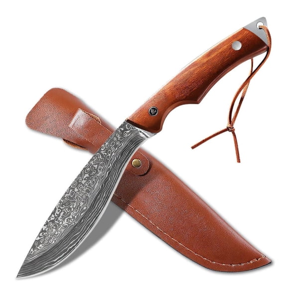 Plys Hunting Knife 5 inch Fixed Blade Outdoor Tactical Knives with Leather Sheath, Wood Handle for Camping Fishing Hiking