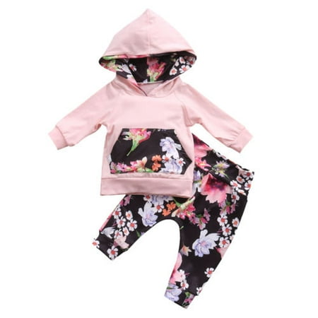 

Bagilaanoe 2pcs Baby Girl Long Pants Set Print Long Sleeve Hooded Pullover Tops + Sweatpants 6M 12M 18M 24M Infant Casual Sweatsuits
