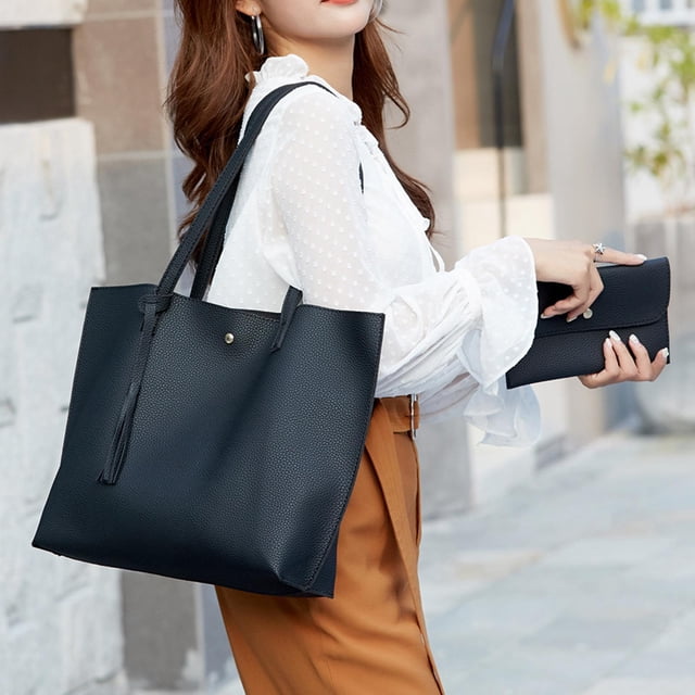 Conjunto de monedero de cuero elegante para mujer Colco Bolsos de hombro para mujer Negro