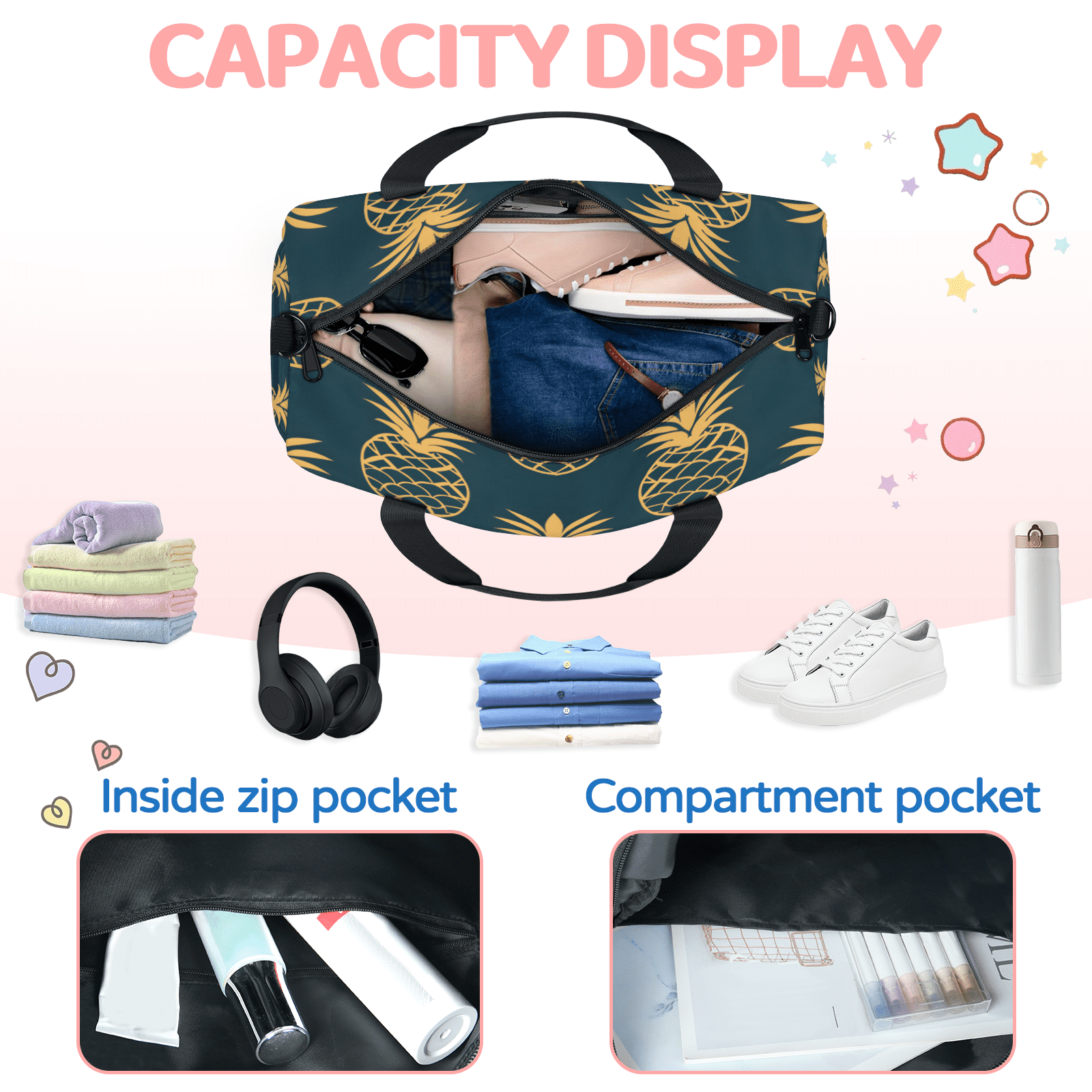 Herdesigns Pineapple Travel Duffle Bag Sports Yoga Weekender Overnight Carry on Workout Bags Lightweight Waterproof Gym Tote Bag for Women Golden
