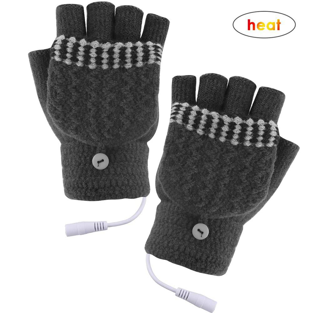 Mitten Winter Warm Laptop Gloves for Women Men Full & Half Hands Heated Fingerless Heating Knitting Hands Warmer USB Heated Gloves Men Black 