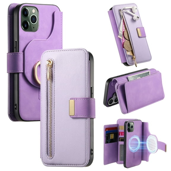 2 in 1 Wallet Case for Apple iPhone 12 Pro / 12 6.1", Detachable Magnetic Back Cover Cards Slots Zipper Pocket Ring Holder Magnetic Closure Protective Drop Proof Case Cover for Women Men,Purple