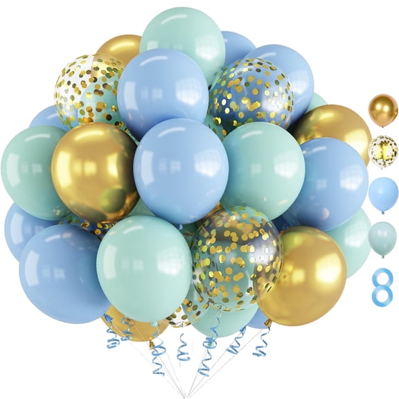 Blue and Green Balloons, 60 PCS 12 Inch Light Blue Mint Green Balloon Set with Gold Confetti Metallic Gold Balloons for Birthday Party Decorations
