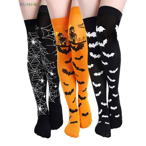 BadPiggies 3 Pairs Halloween Thigh High Long Stockings Spider Pumpkin Bat Bone Over Knee Socks for Cosplay Party