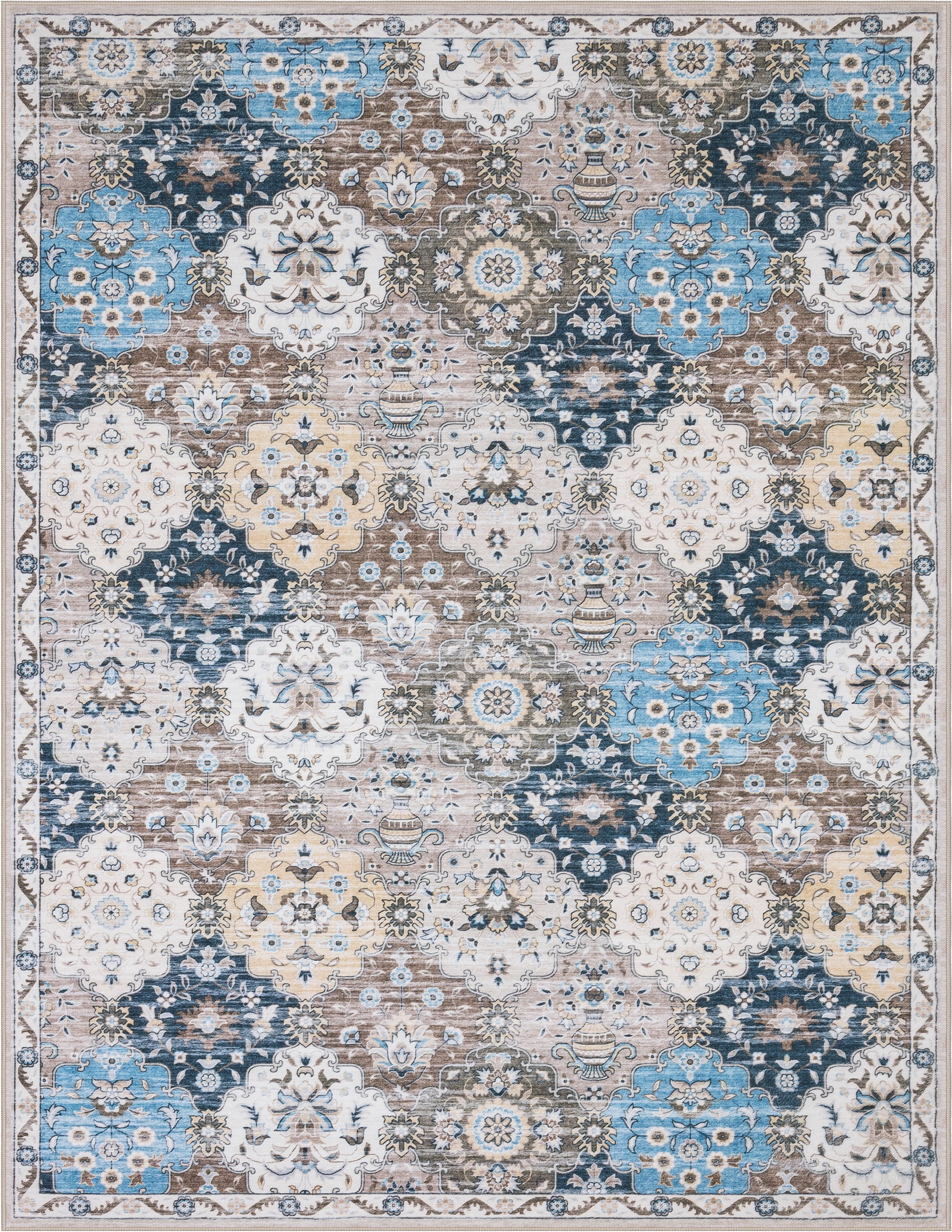 Toyoso 8x10 Area Rug Living Room Rugs - Washable Vintage Floral Soft Thin Large Rug Indoor Floor No Slip Rug Carpet for Bedroom Under Dining Table Home Office Decor - Multi Blue